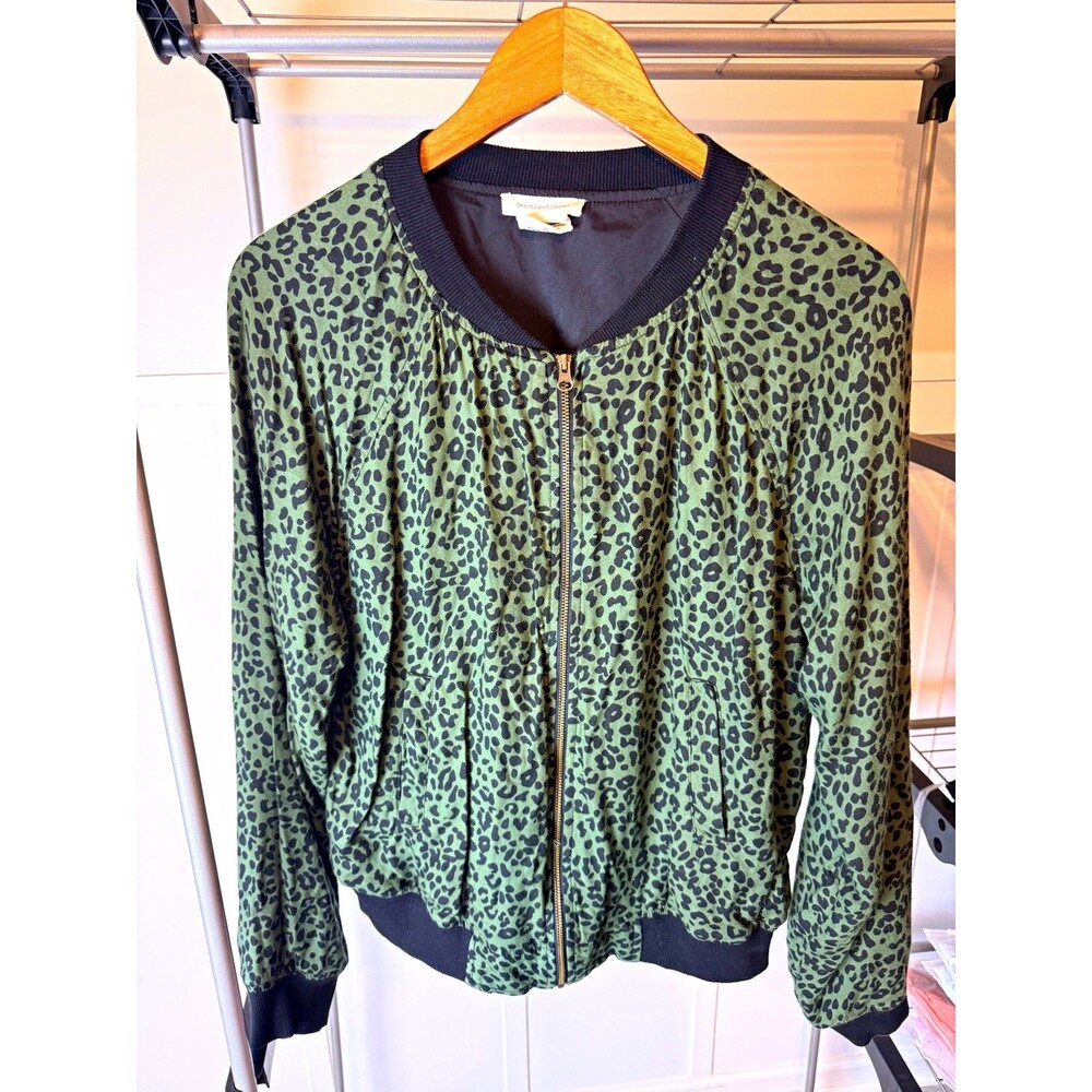 BeachLunchLounge Leopard Print Bomber Jacket Womens M Green Black Zip Up